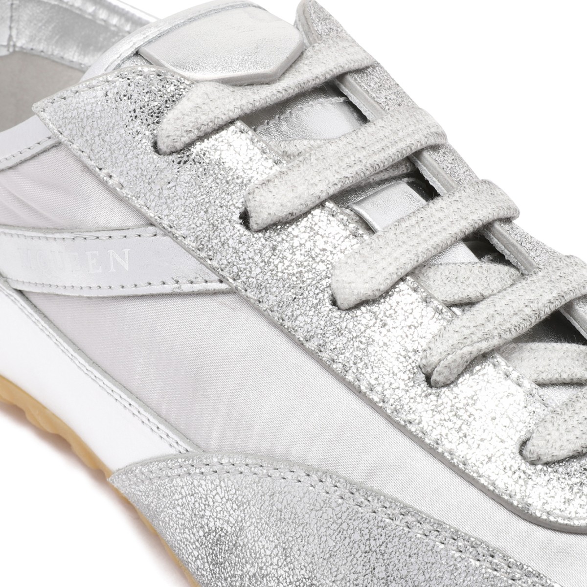 Alexander McQueen White and Silver Leather Sneakers.