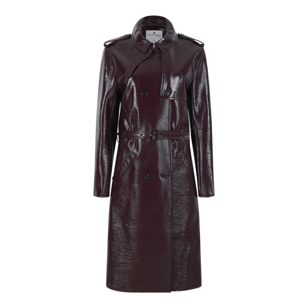 Courrges Dark Burgundy Coated Leather Trench Coat.