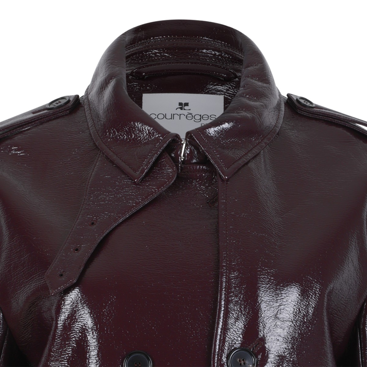 Courrges Dark Burgundy Coated Leather Trench Coat.