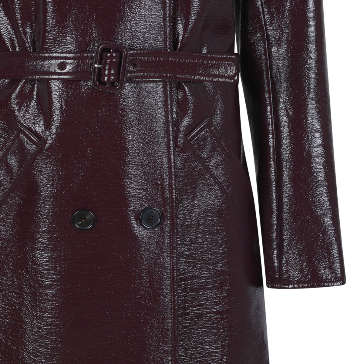 Courrges Dark Burgundy Coated Leather Trench Coat.