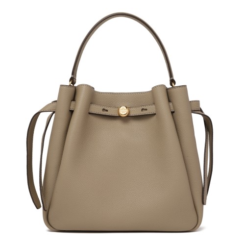 Tory Burch Taupe Leather Bucket Bag.
