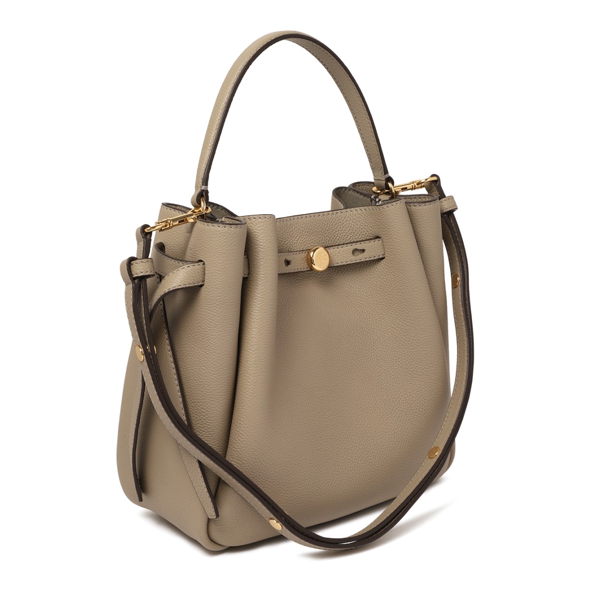 Tory Burch Taupe Leather Bucket Bag.