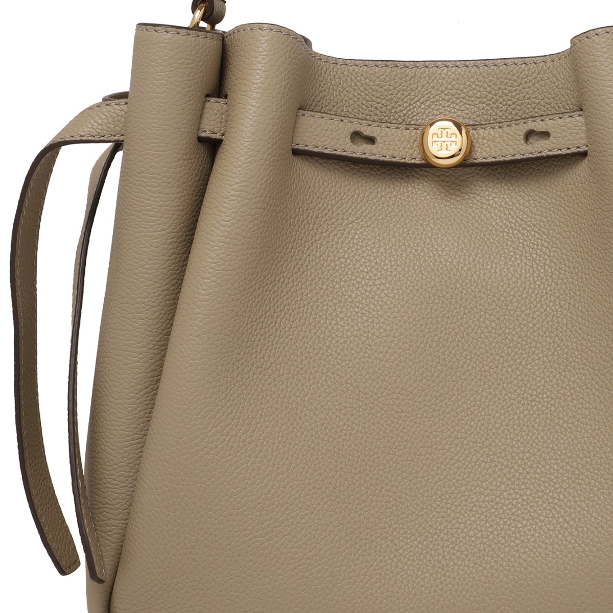 Tory Burch Taupe Leather Bucket Bag.