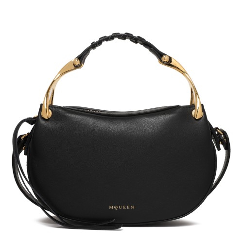Alexander McQueen Black Leather Hobo Bag with Gold-Tone Handle.