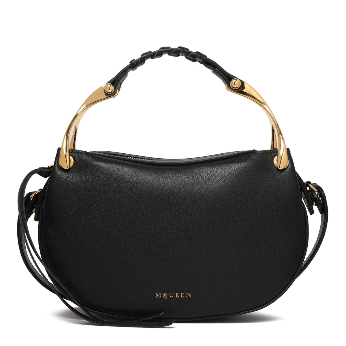 Alexander McQueen Black Leather Hobo Bag with Gold-Tone Handle.