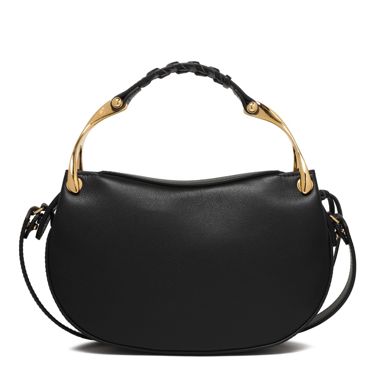 Alexander McQueen Black Leather Hobo Bag with Gold-Tone Handle.