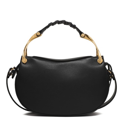 Alexander McQueen Black Leather Hobo Bag with Gold-Tone Handle.