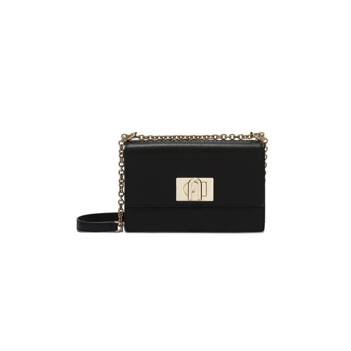 Furla 1927 Black Mini Crossbody, opening with front gold flip lock fastening.