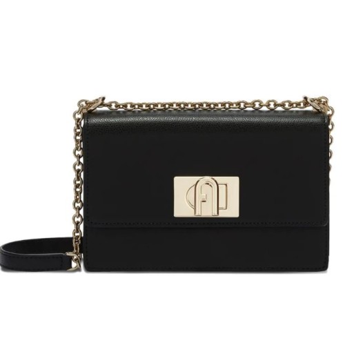 Furla 1927 Black Mini Crossbody, opening with front gold flip lock fastening.