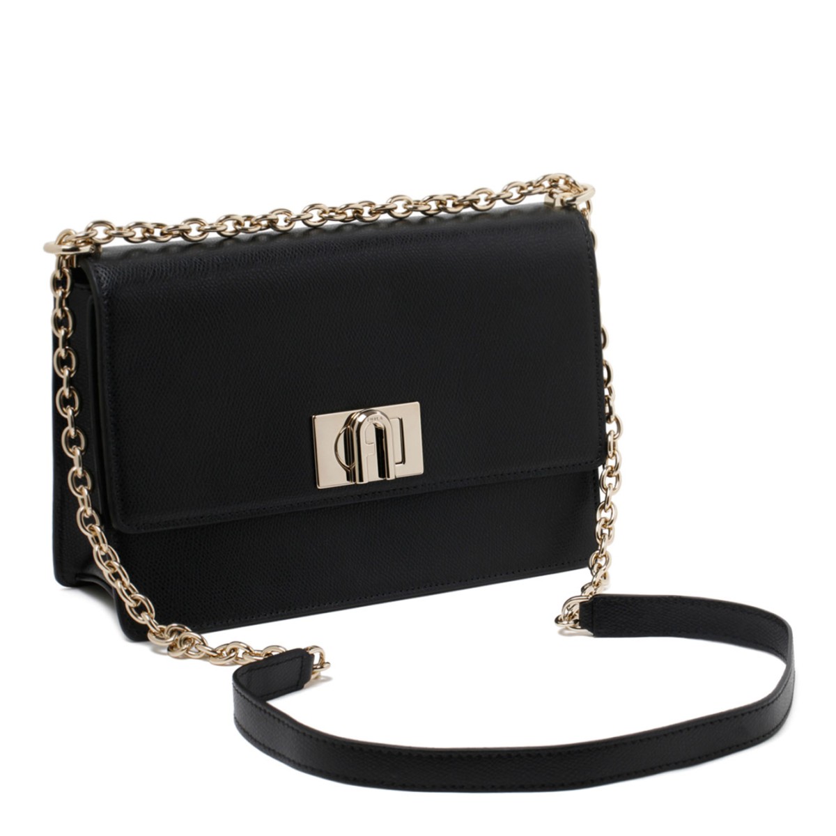 Furla 1927 Black Mini Crossbody, opening with front gold flip lock fastening.