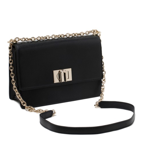Furla 1927 Black Mini Crossbody, opening with front gold flip lock fastening.
