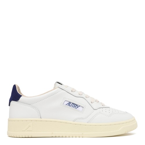 Autry White Leather Medalist Sneakers with Blue Heel Tab.