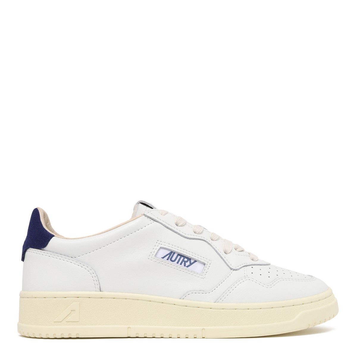 Autry White Leather Medalist Sneakers with Blue Heel Tab.