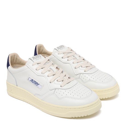 Autry White Leather Medalist Sneakers with Blue Heel Tab.