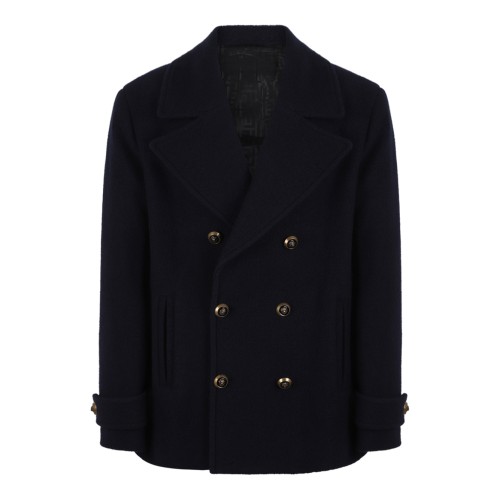 Balmain Black Double-Breasted Wool Peacoat.