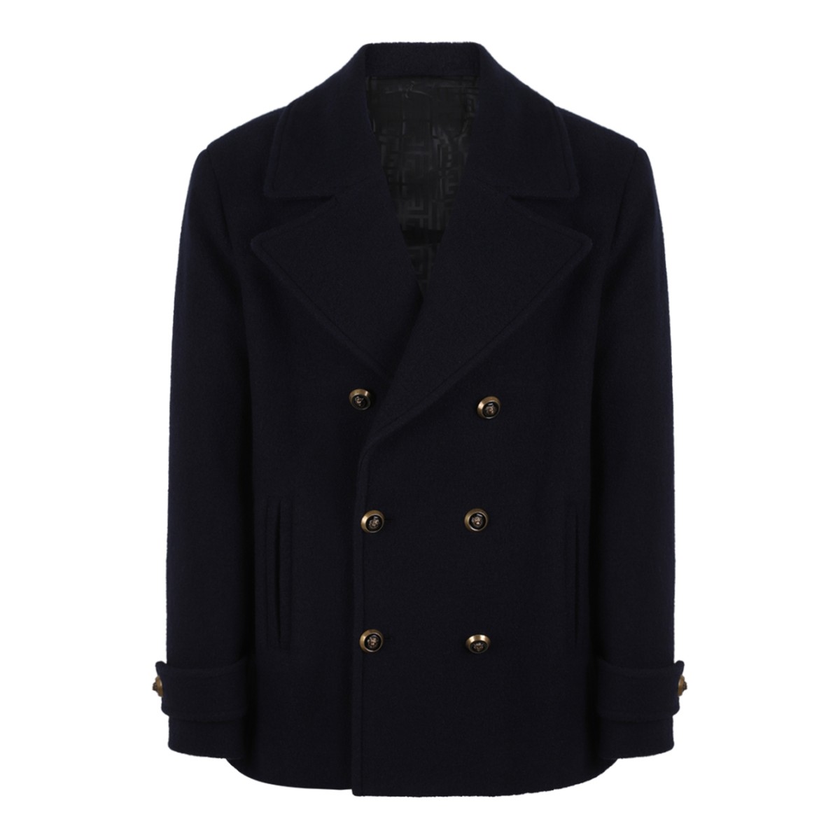 Balmain Black Double-Breasted Wool Peacoat.
