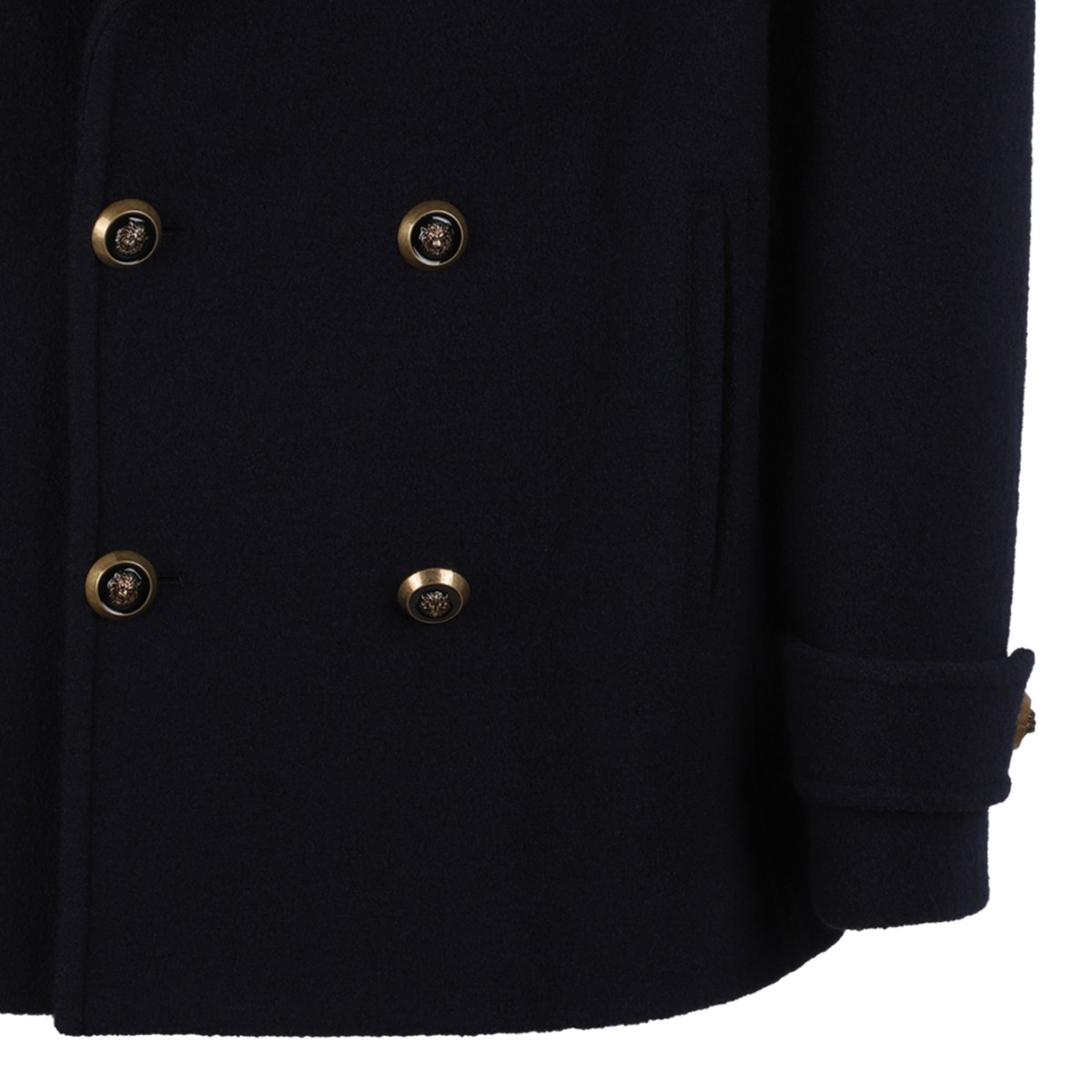 Balmain Black Double-Breasted Wool Peacoat.