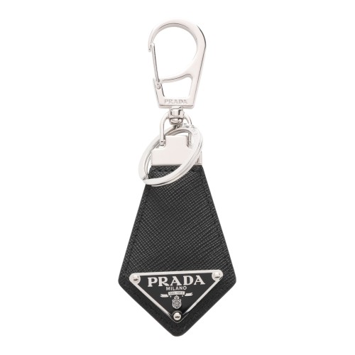 Prada Black Saffiano Leather Triangle Keyring.