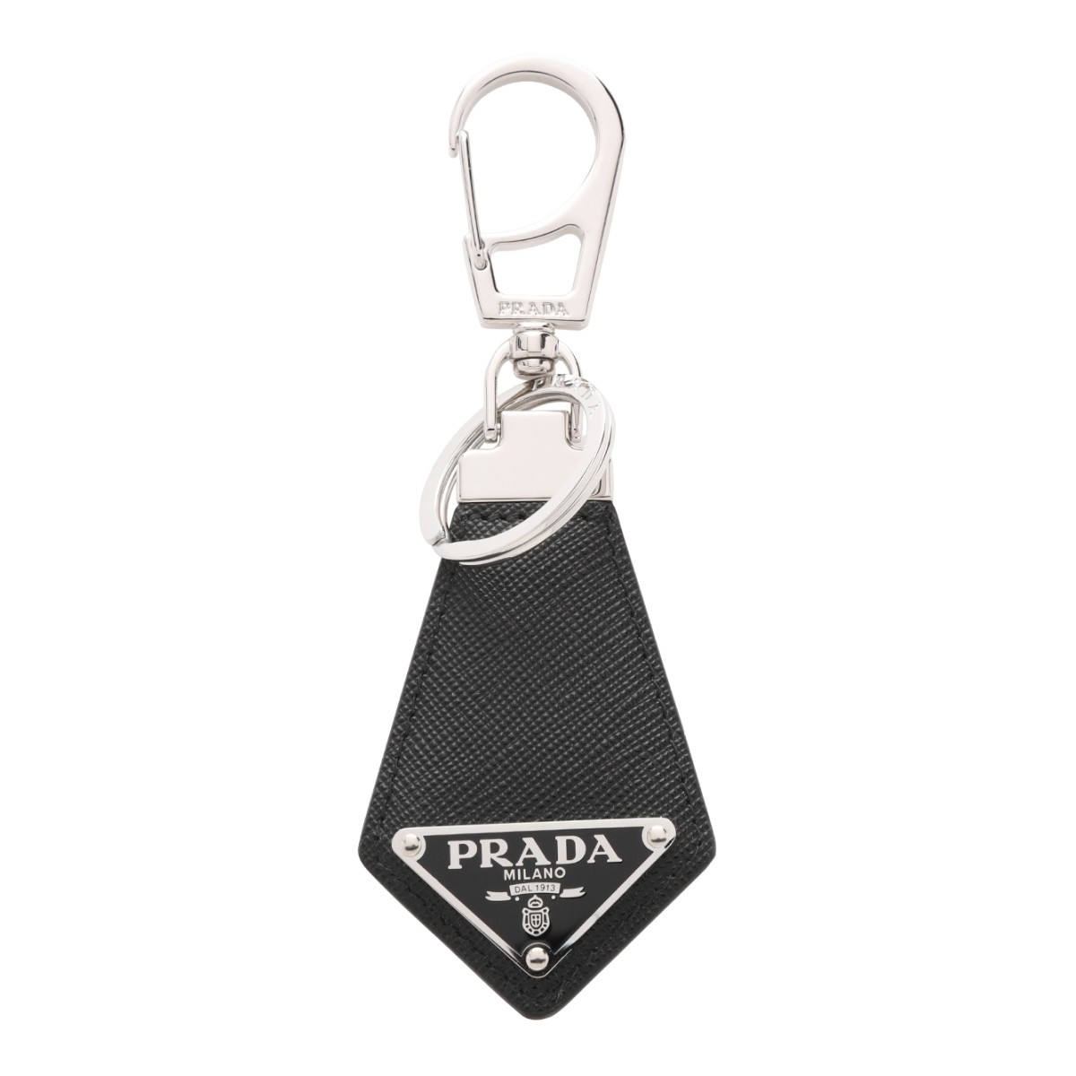 Prada Black Saffiano Leather Triangle Keyring.