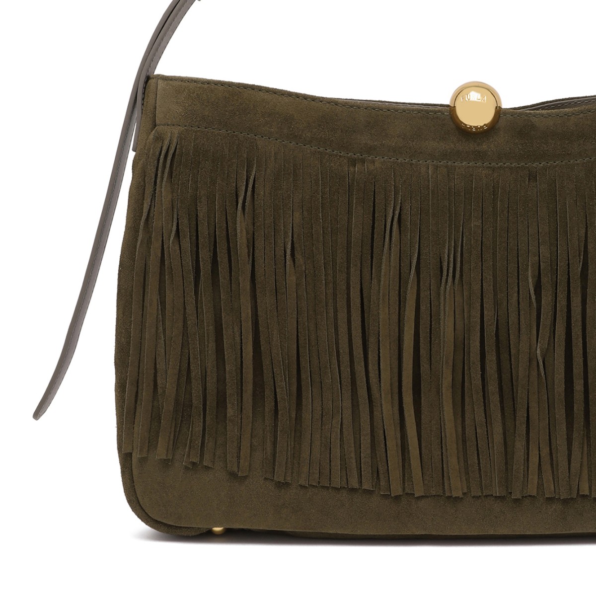 Furla Olive Suede Fringe Shoulder Bag.