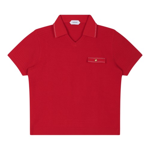 Versace Red Textured Knit Polo Shirt.