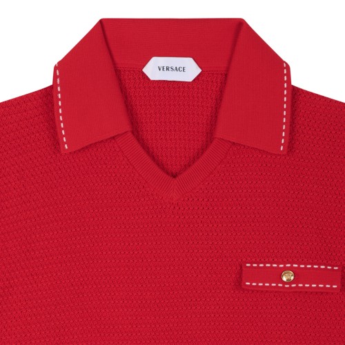 Versace Red Textured Knit Polo Shirt.