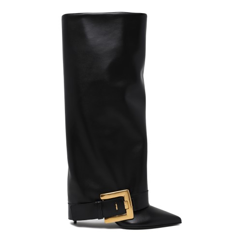 Balmain Black Leather Buckle Knee-High Boots.