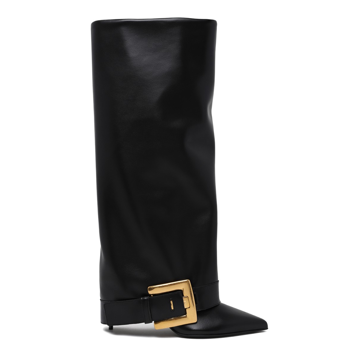 Balmain Black Leather Buckle Knee-High Boots.