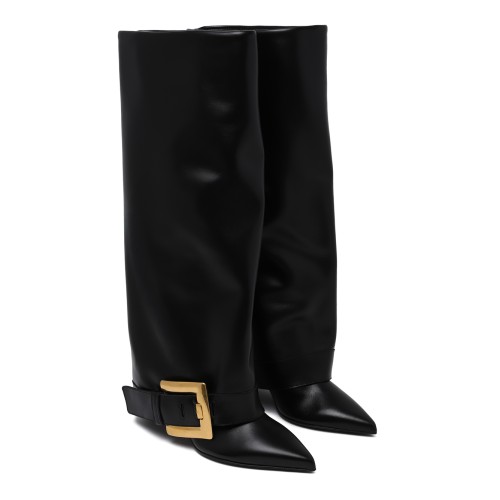 Balmain Black Leather Buckle Knee-High Boots.