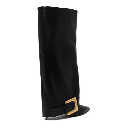 Balmain Black Leather Buckle Knee-High Boots.