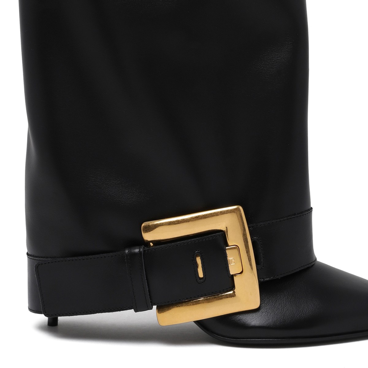 Balmain Black Leather Buckle Knee-High Boots.