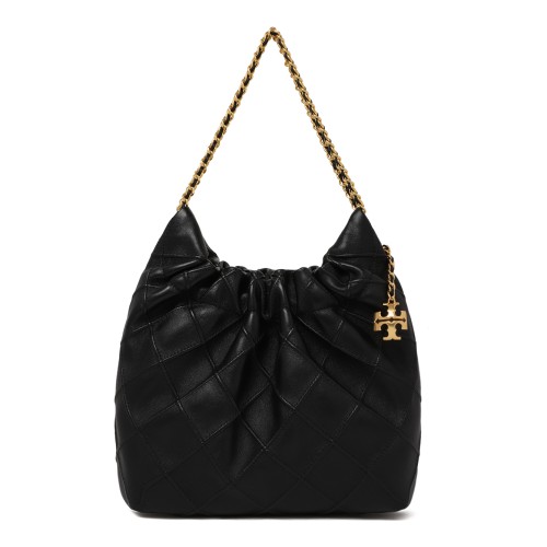 Tory Burch Black Ruched Leather Shoulder Bag.