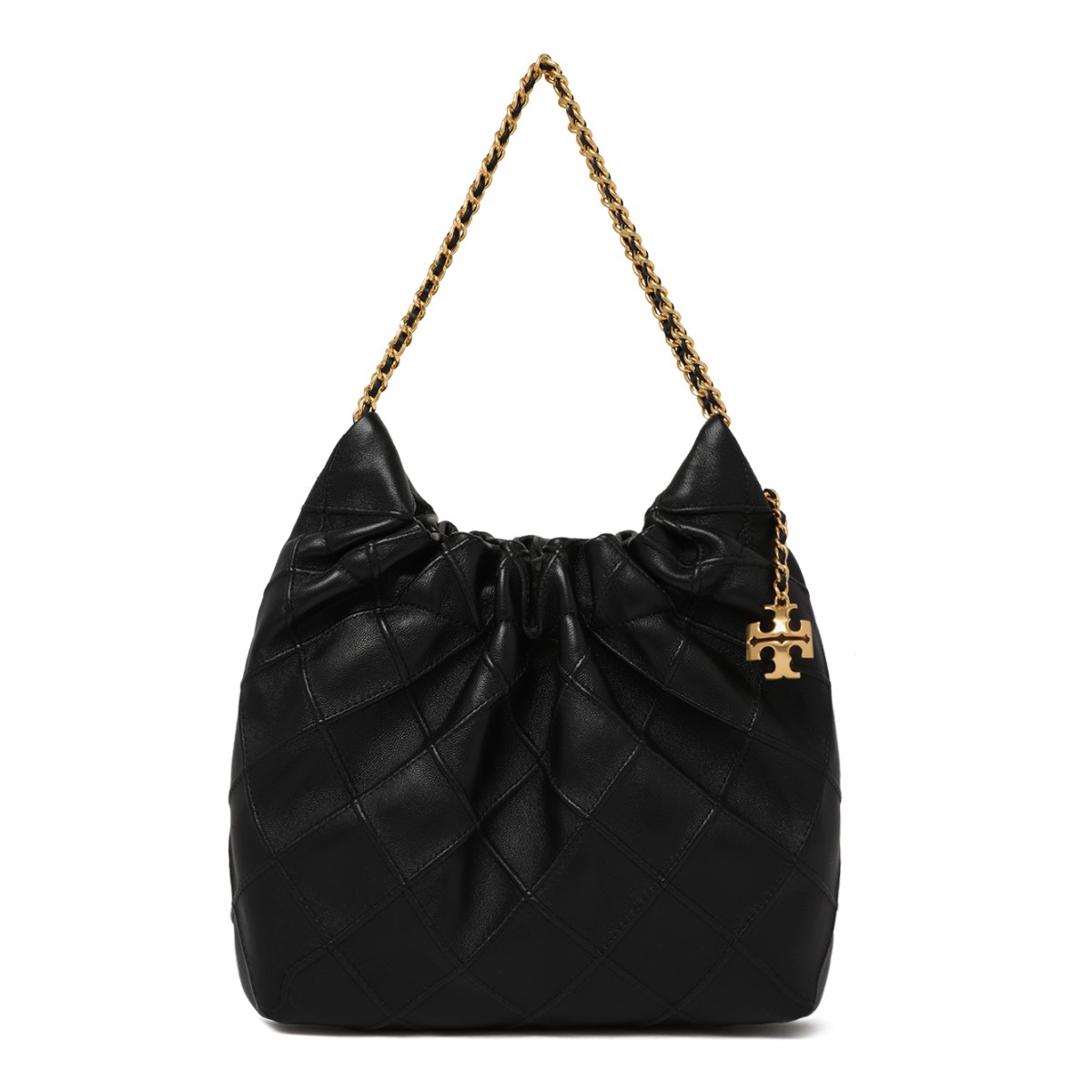 Tory Burch Black Ruched Leather Shoulder Bag.