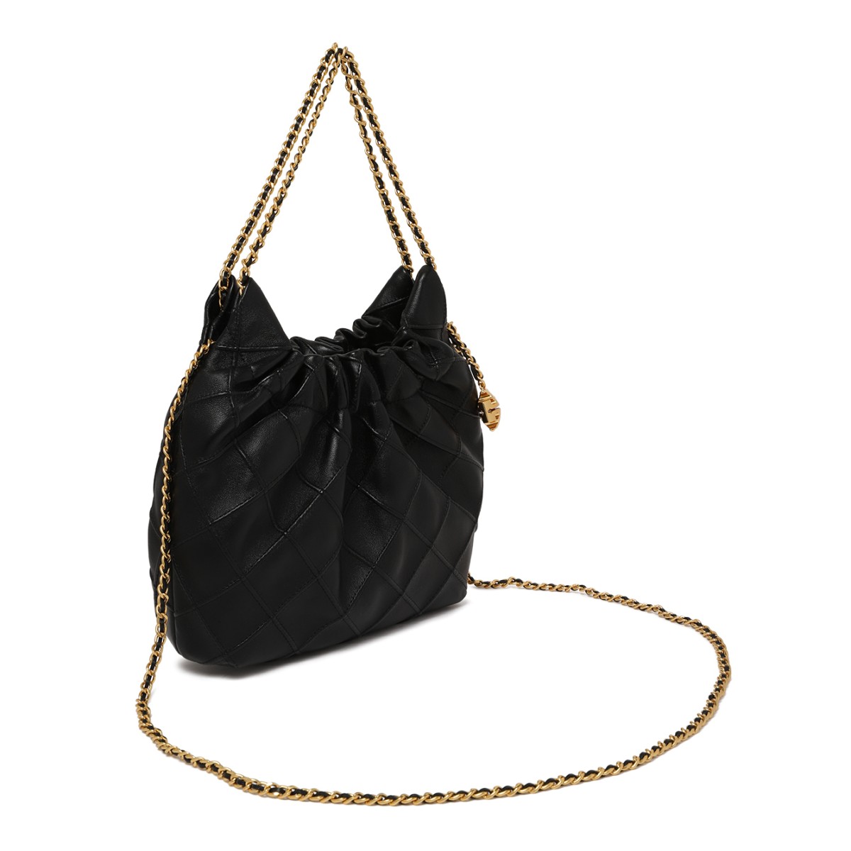 Tory Burch Black Ruched Leather Shoulder Bag.