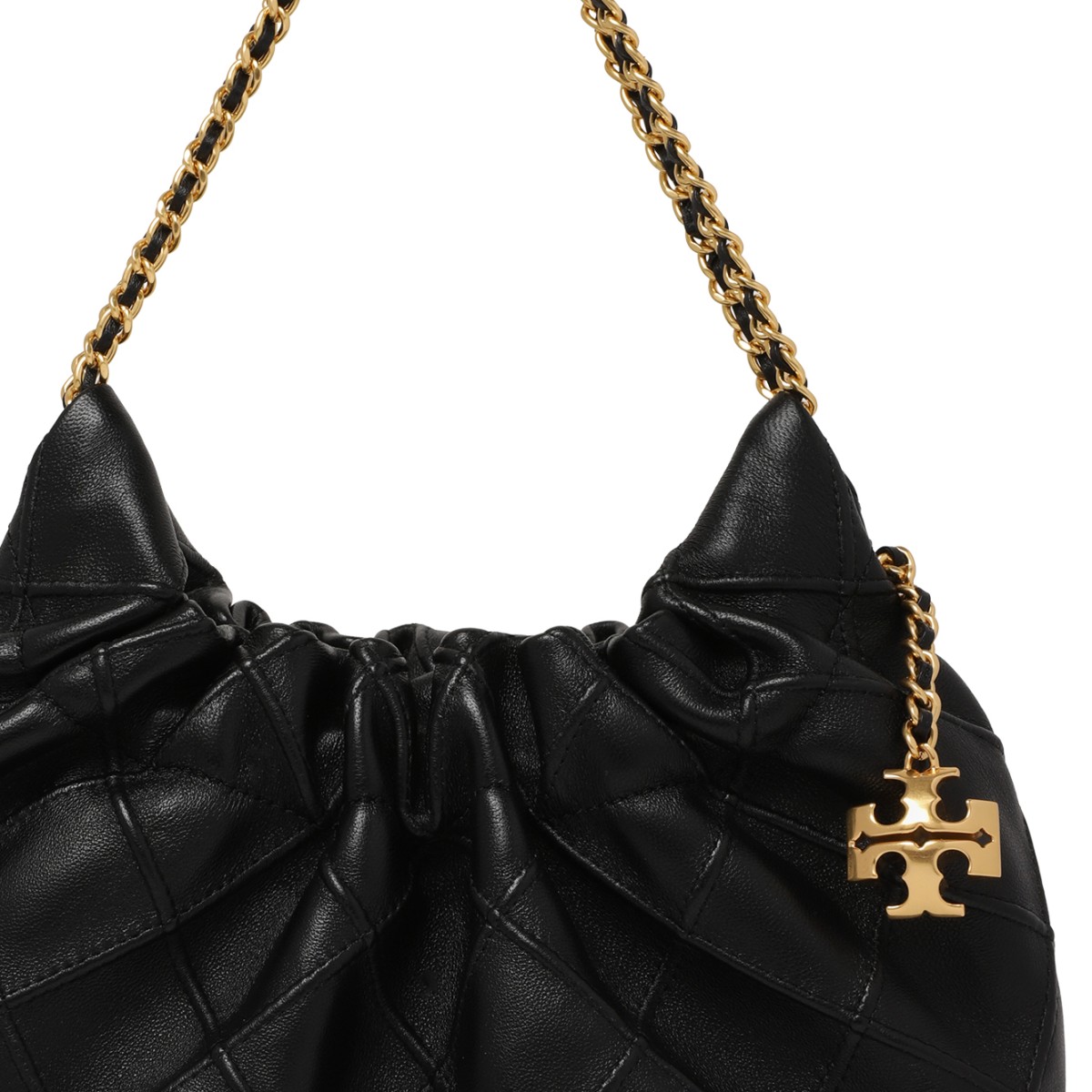 Tory Burch Black Ruched Leather Shoulder Bag.