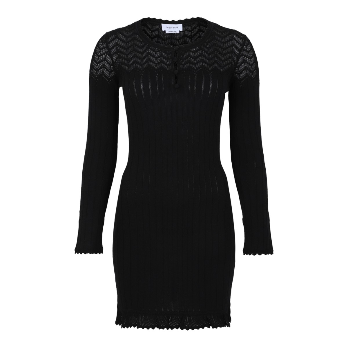 Alexander McQueen Black Ribbed Knit Mini Dress.