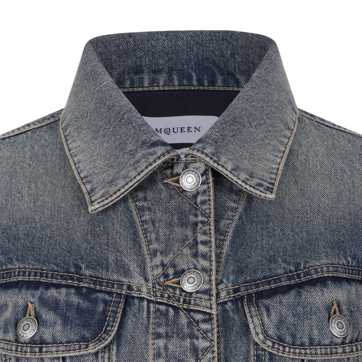 Alexander McQueen Blue Wash Cropped Denim Jacket.