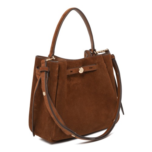 Tory Burch Brown Suede Bucket Bag.