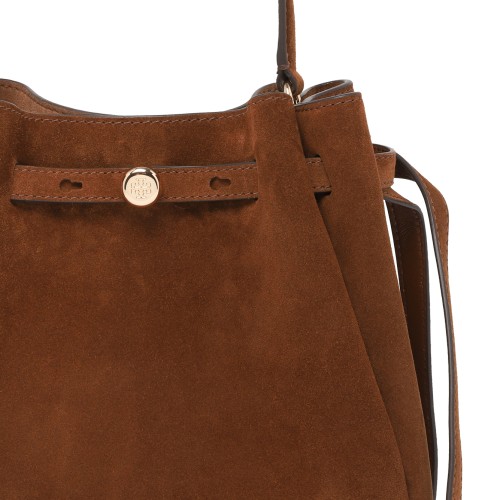 Tory Burch Brown Suede Bucket Bag.