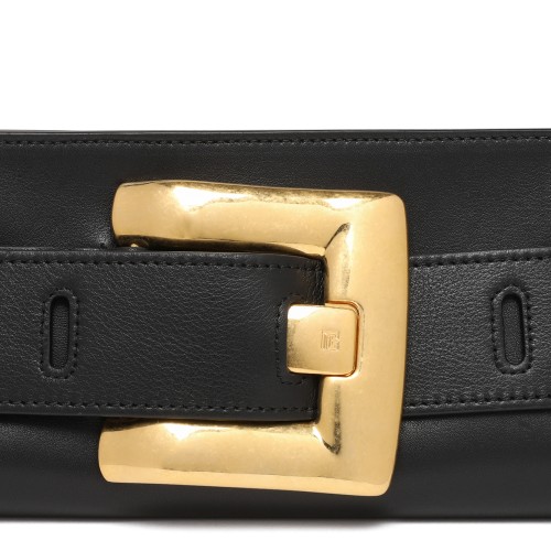 Balmain Black Leather Belt with Gold-Tone Buckle.