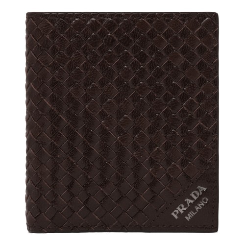 Prada Dark Brown Woven Leather Card Holder.