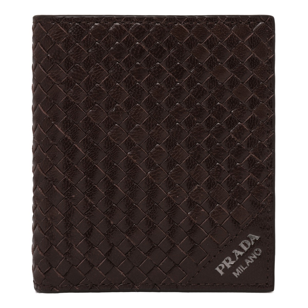 Prada Dark Brown Woven Leather Card Holder.