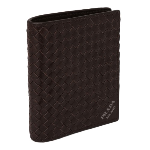 Prada Dark Brown Woven Leather Card Holder.