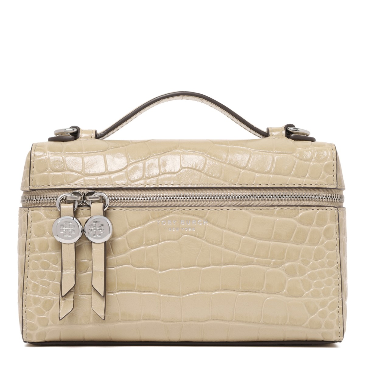 Tory Burch Cream Croc-Embossed Leather Vanity Bag.