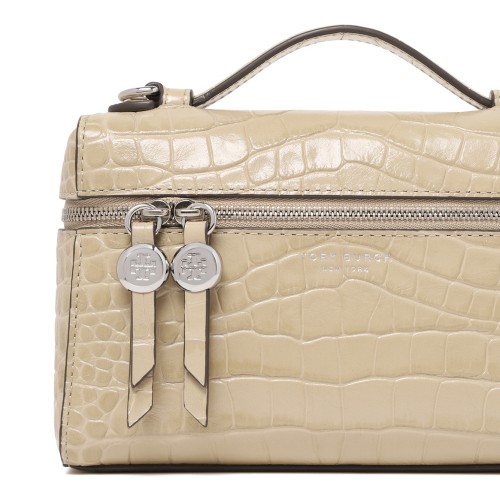 Tory Burch Cream Croc-Embossed Leather Vanity Bag.
