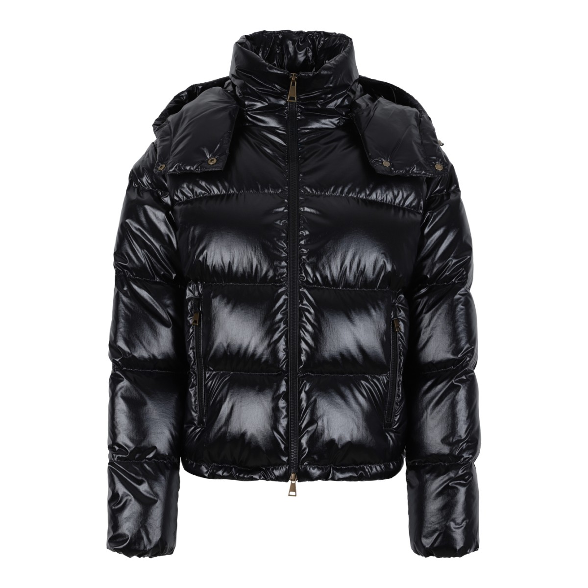 Moncler Black Glossy Hooded Down Jacket.