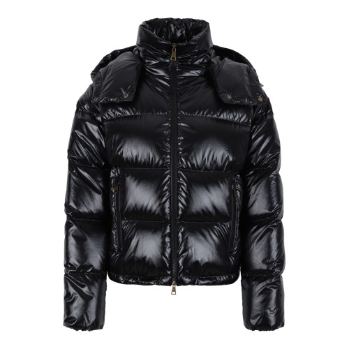 Moncler Black Glossy Hooded Down Jacket.