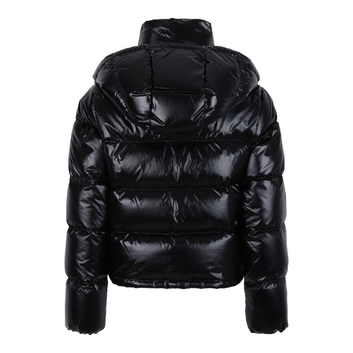 Moncler Black Glossy Hooded Down Jacket.