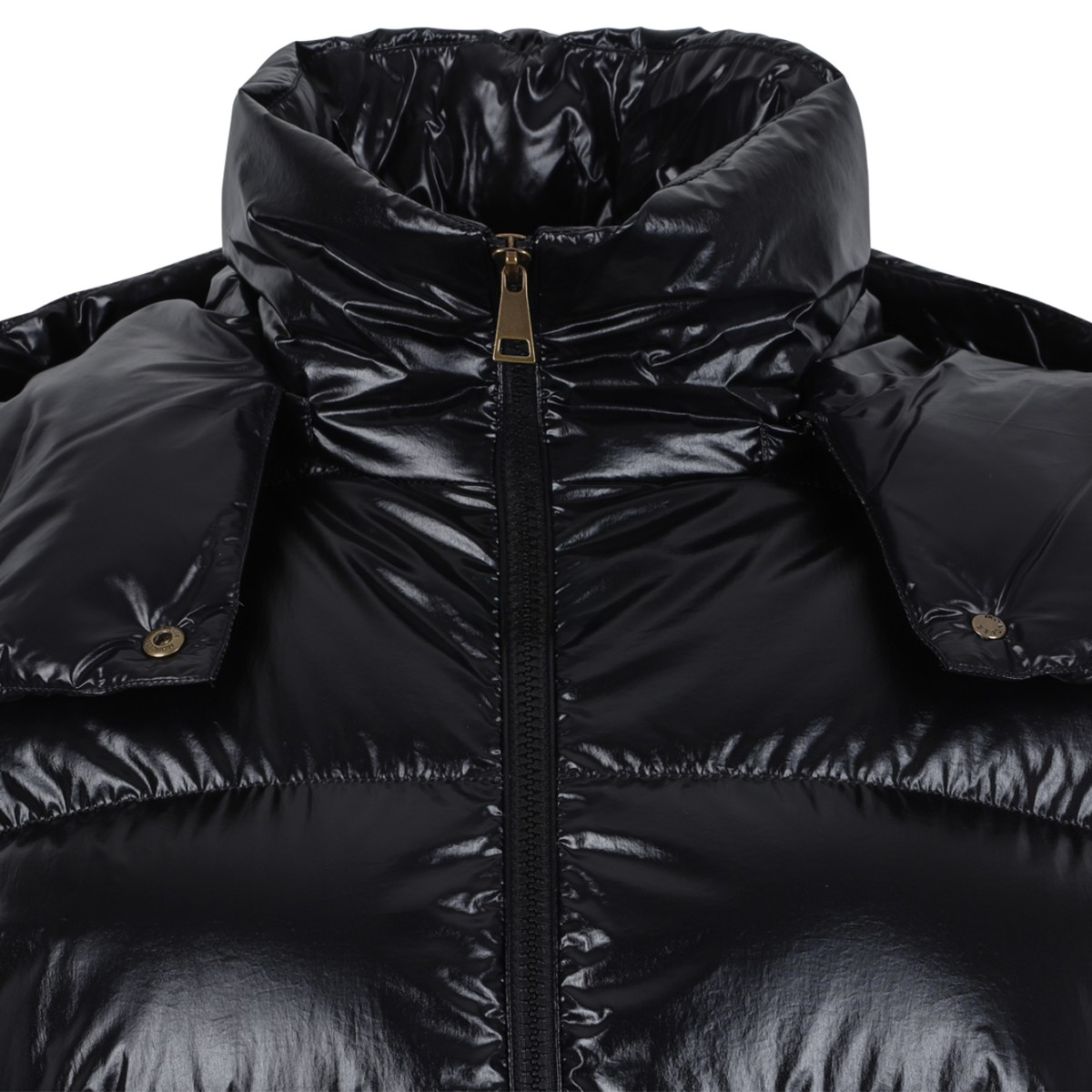 Moncler Black Glossy Hooded Down Jacket.