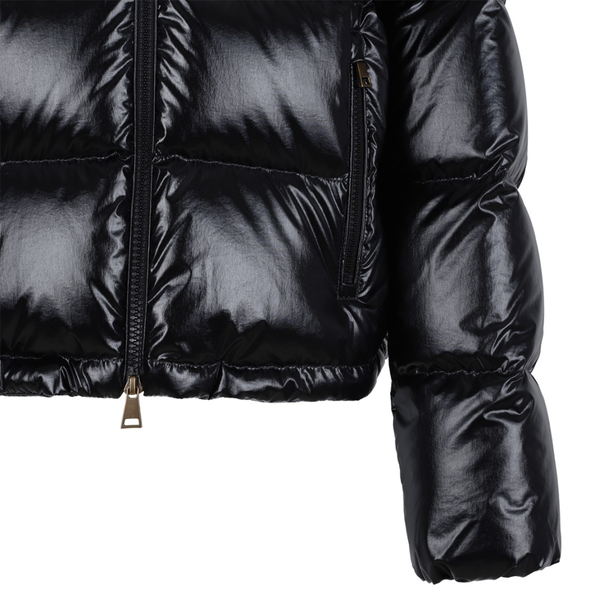 Moncler Black Glossy Hooded Down Jacket.